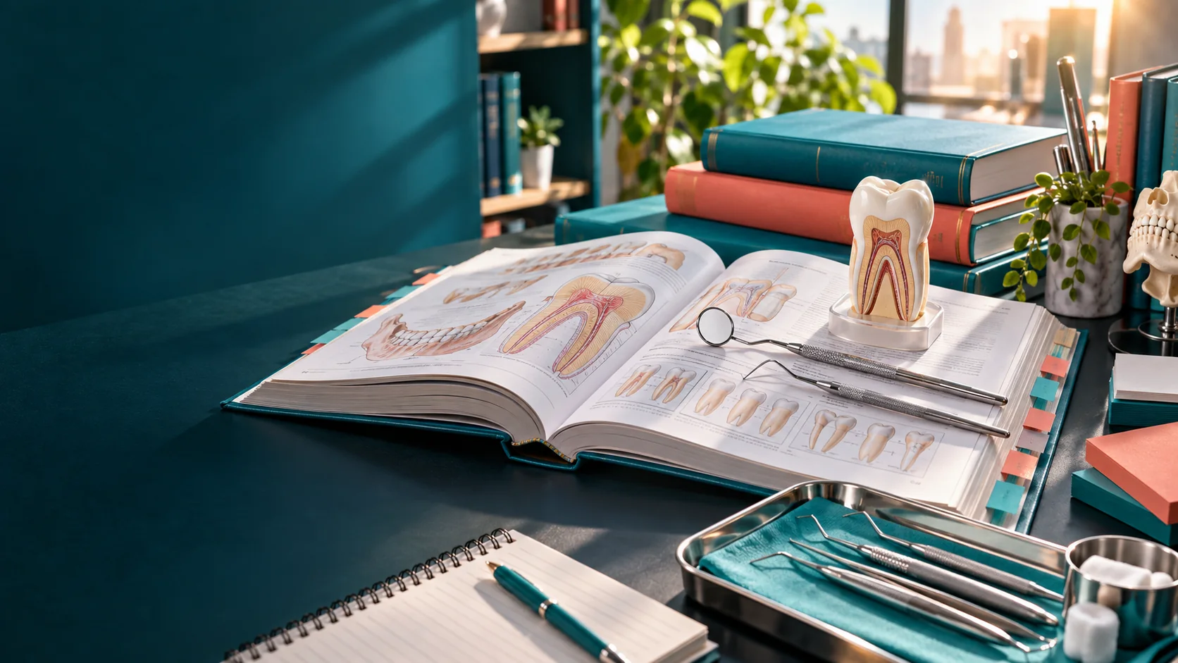 Open dental anatomy book with tooth model, mirror and BDS study books