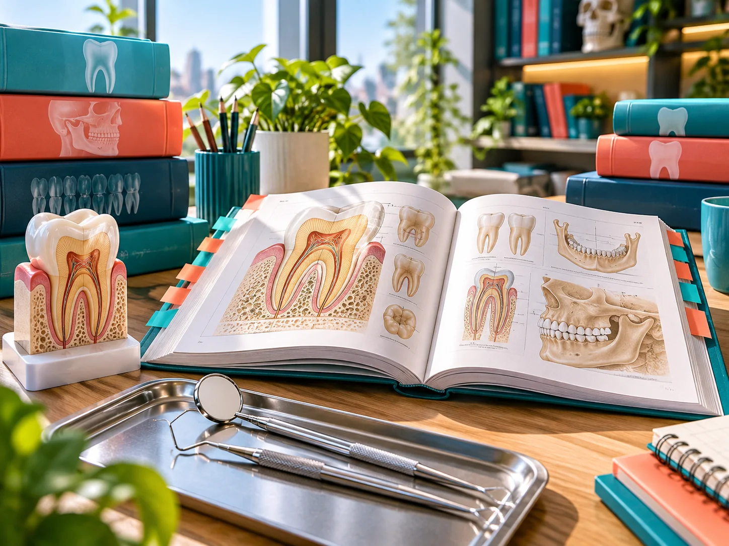 Open dental anatomy book with tooth model, mirror and BDS study books