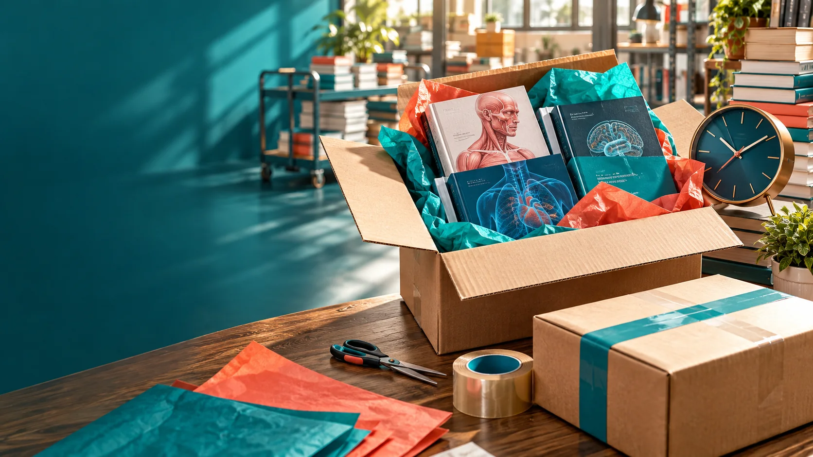Packed medical books and delivery parcel beside a clock on a fulfilment table