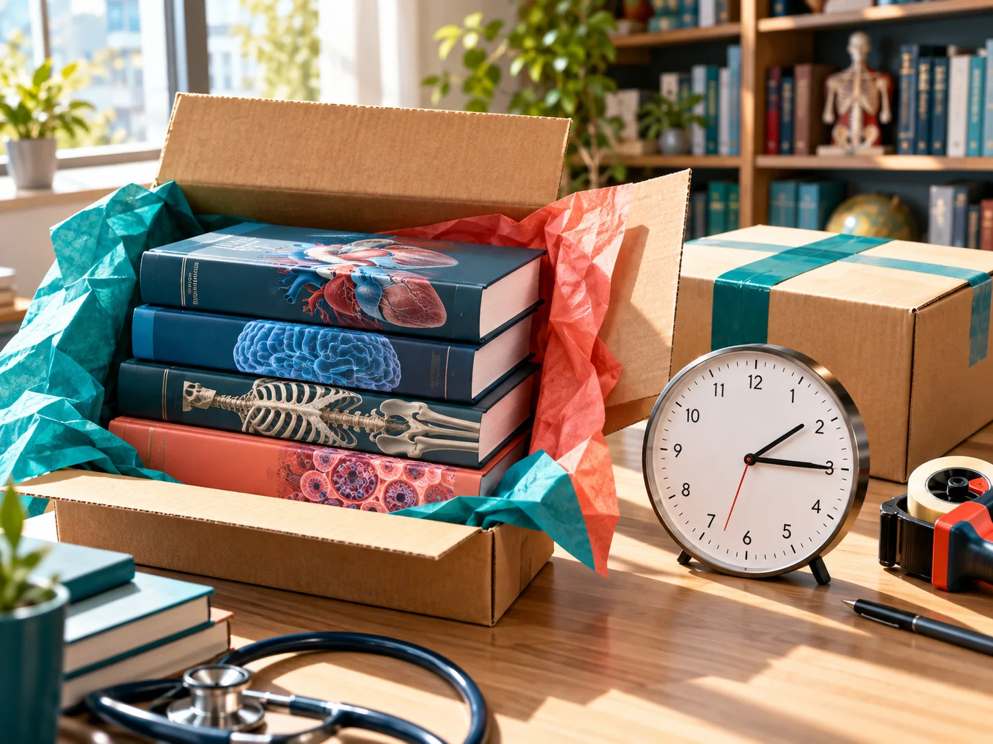 Packed medical books and delivery parcel beside a clock on a fulfilment table