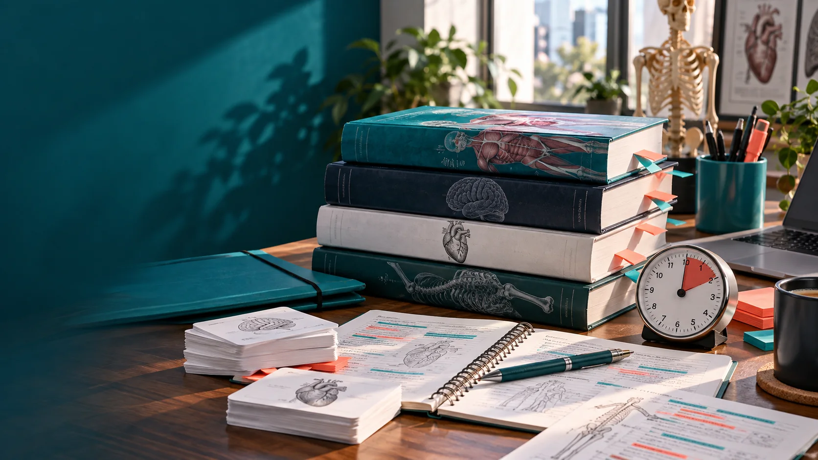 Medical entrance study books, flashcards, timer and highlighted revision notes