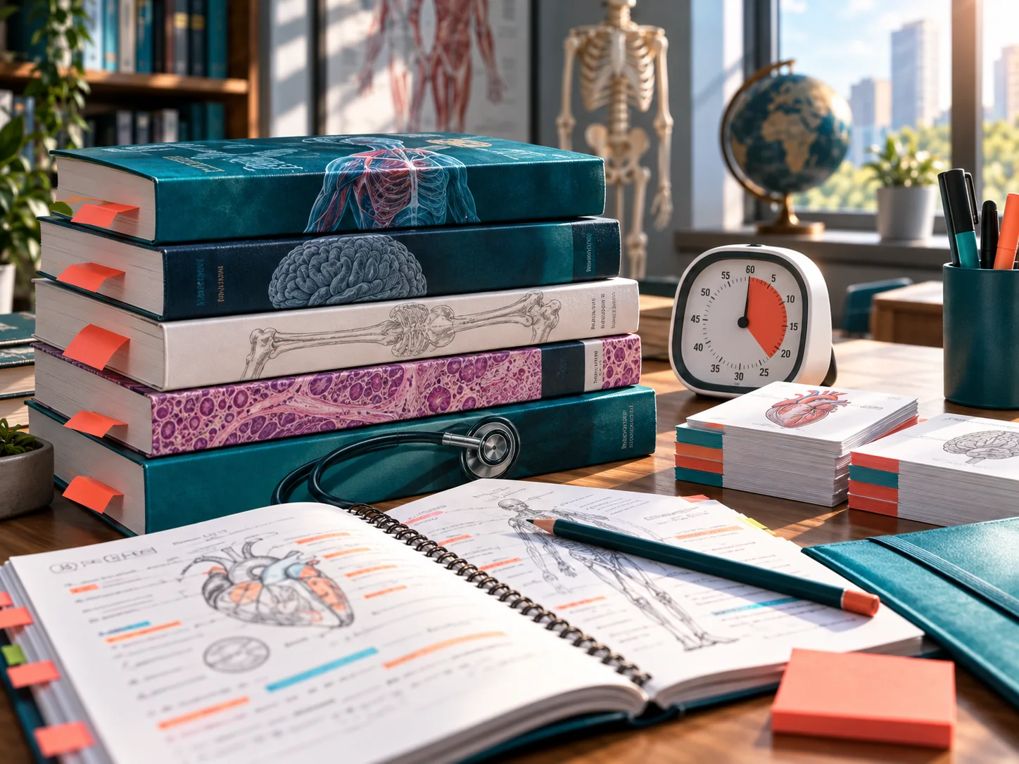 Medical entrance study books, flashcards, timer and highlighted revision notes