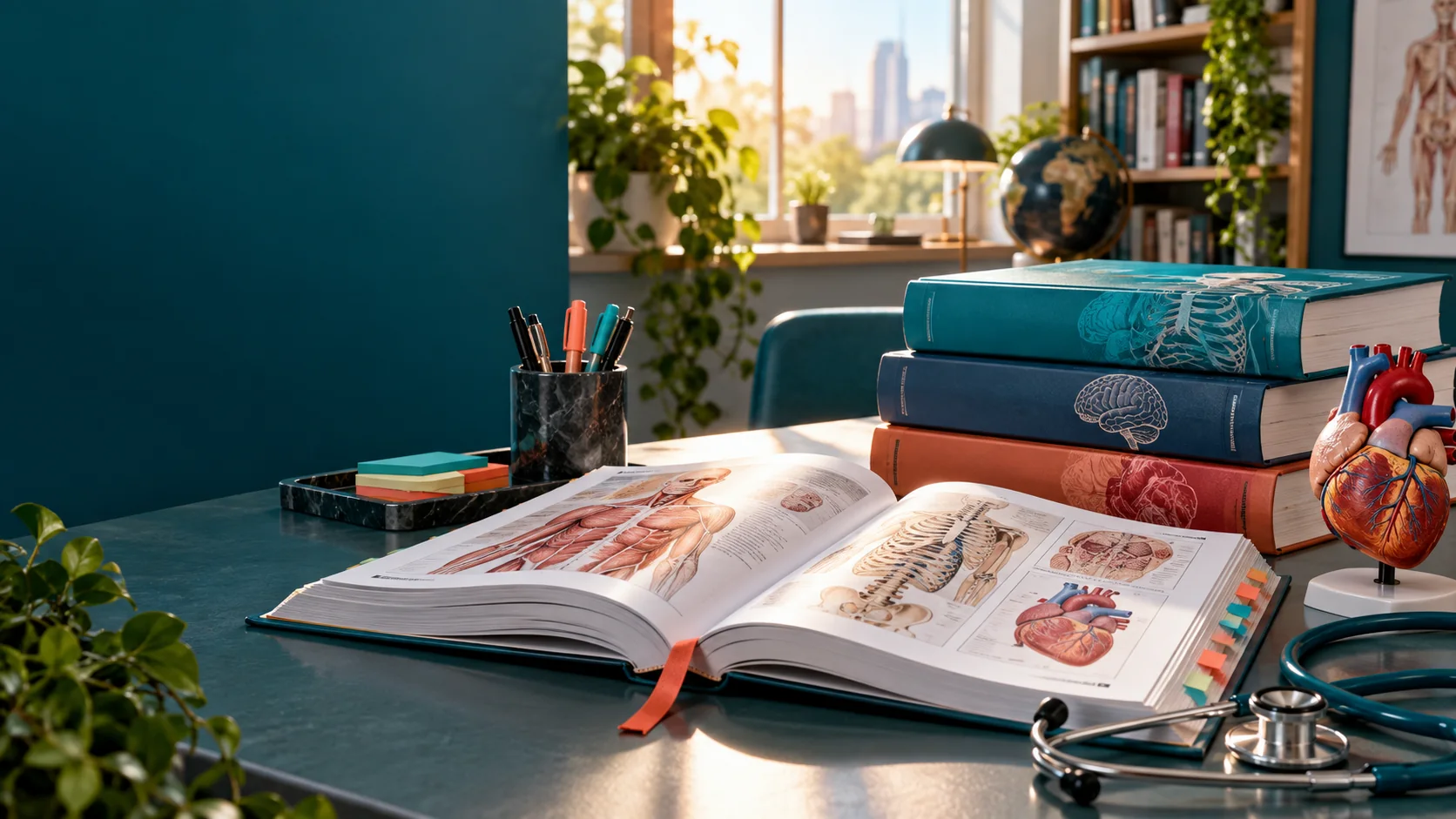 Open MBBS anatomy book with heart model, stethoscope and first-year medical books