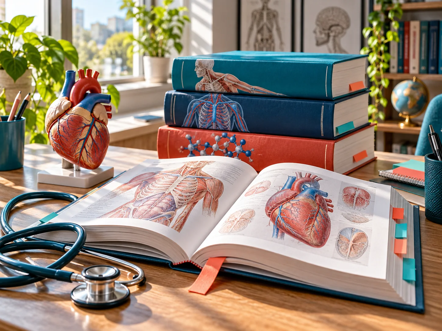 Open MBBS anatomy book with heart model, stethoscope and first-year medical books