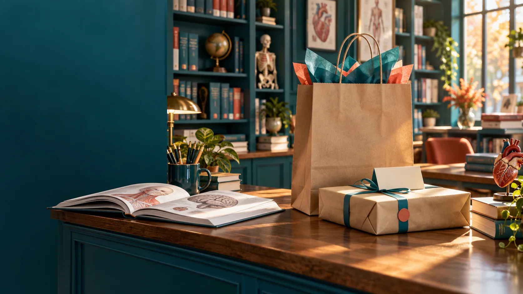 Medical books prepared in a carry bag and parcel at a bookstore counter