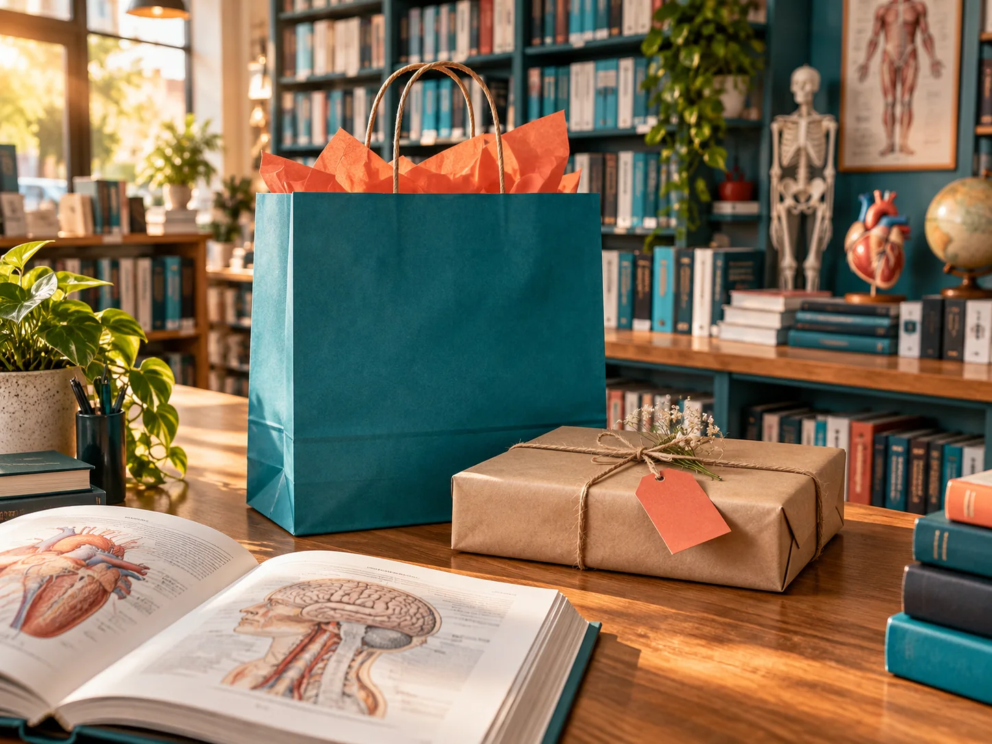 Medical books prepared in a carry bag and parcel at a bookstore counter